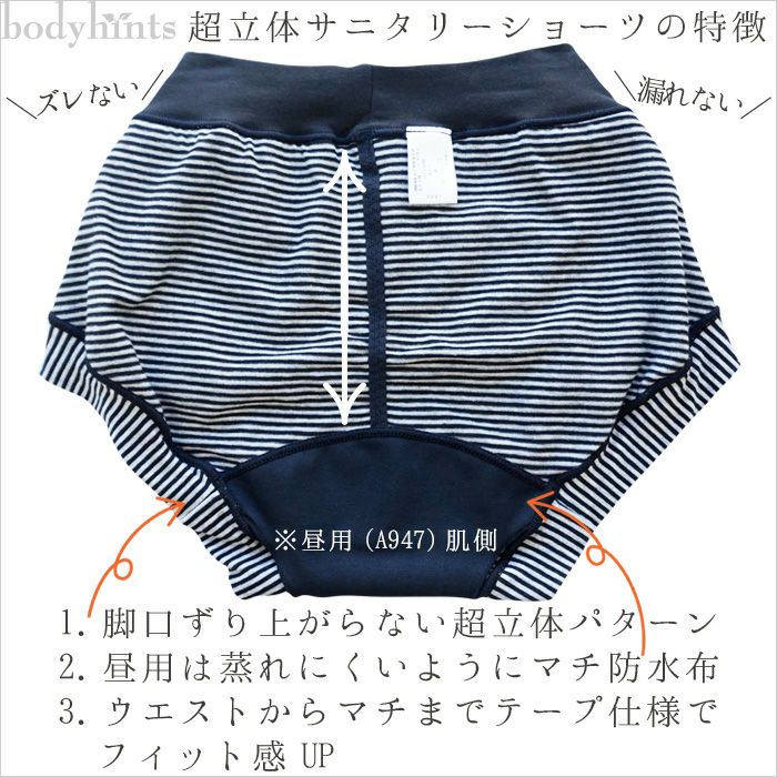 【昼用・ウイング対応】 肌にやさしい敏感肌向け 超立体 サニタリーショーツ（生理用パンツ）【やや浅履きショート丈】