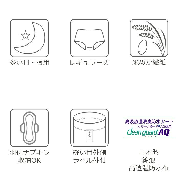 【多い日・夜用】 国産米ぬか繊維☆サニタリーショーツ（生理用パンツ）【日本製】