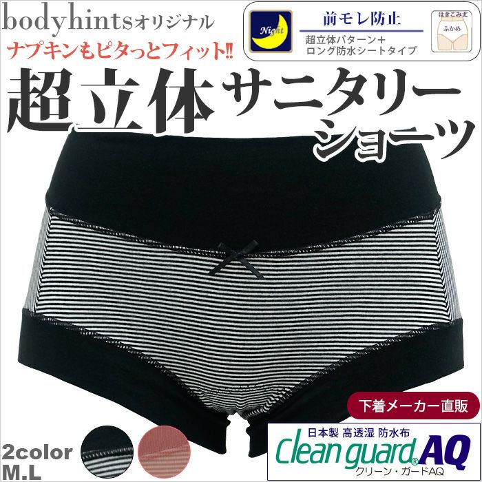 【多い日・夜用・ウルトラナイト】 超立体ボーダー柄サニタリーショーツ（生理用パンツ）【レギュラー丈】